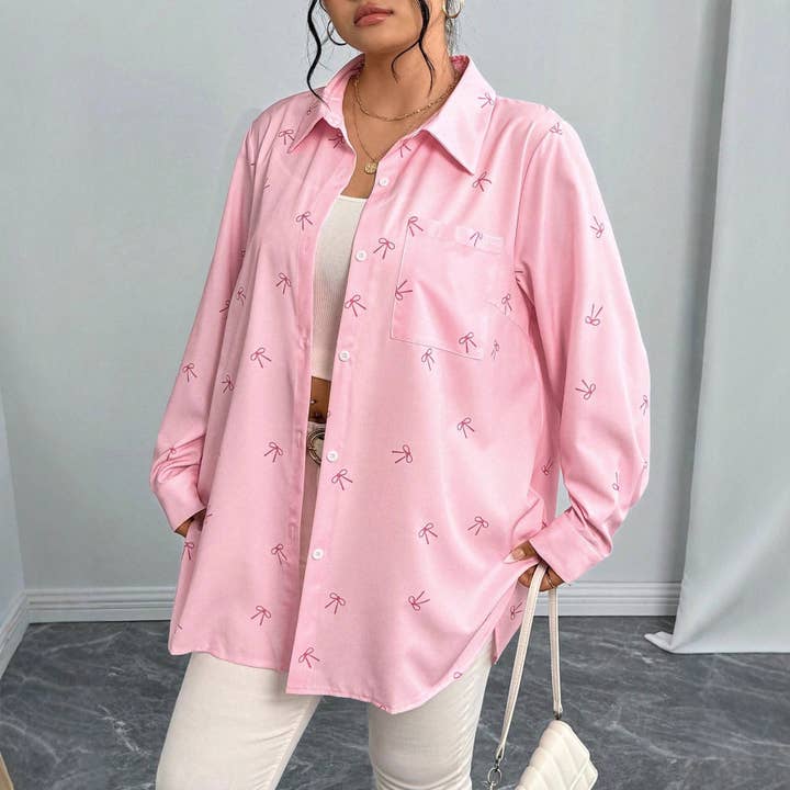 Veste-chemise pour femme grande taille avec imprimé nœud, manches longues, blouse décontractée pour la vente par DREAM VERA APPAREL