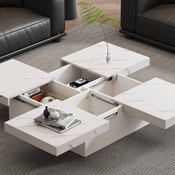 Urban Meuble - Wholesale Side Table - Modern white square coffee table with marble effect, 4 drawers, sliding top 90x90x25cm KHEKRIED58
