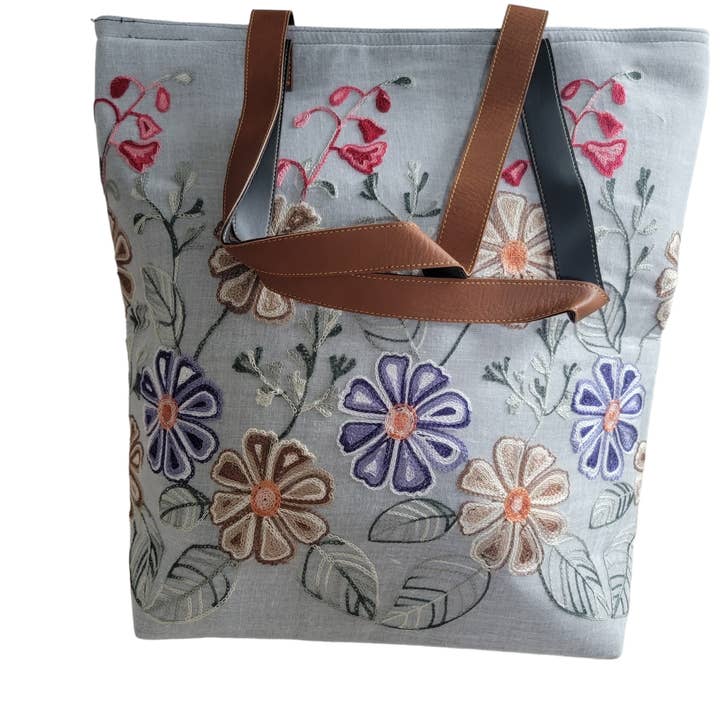 Evergreen Guardian Imports - Wholesale Tote bag – Women's - BA723 Tote Handbag Thai Cotton Floral Embroidery Pale Grey0