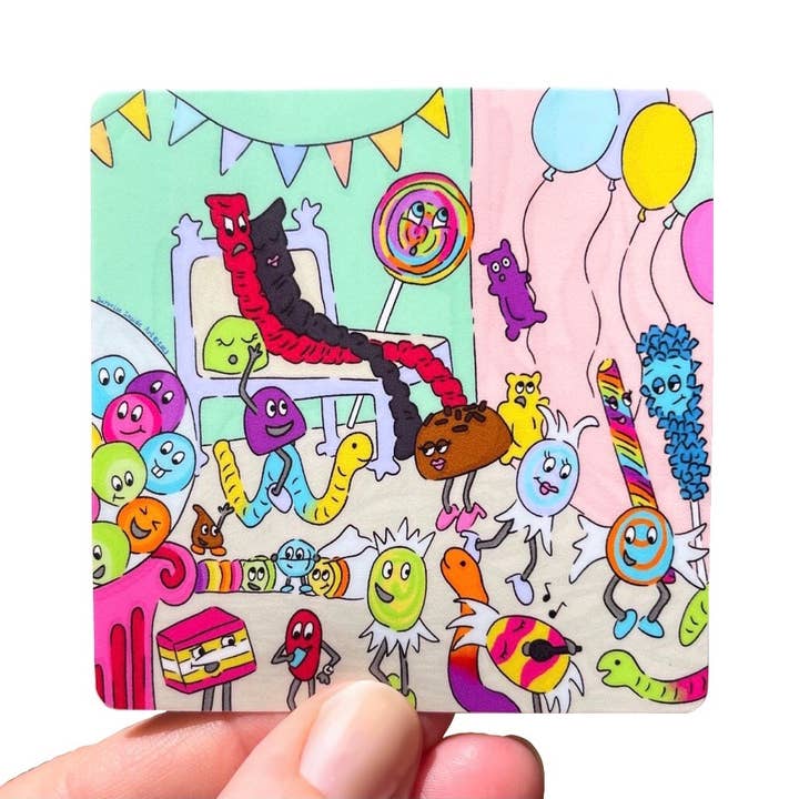 Candy Party Weatherproof Vinyl Sticker for wholesale by Surprise Inside Art