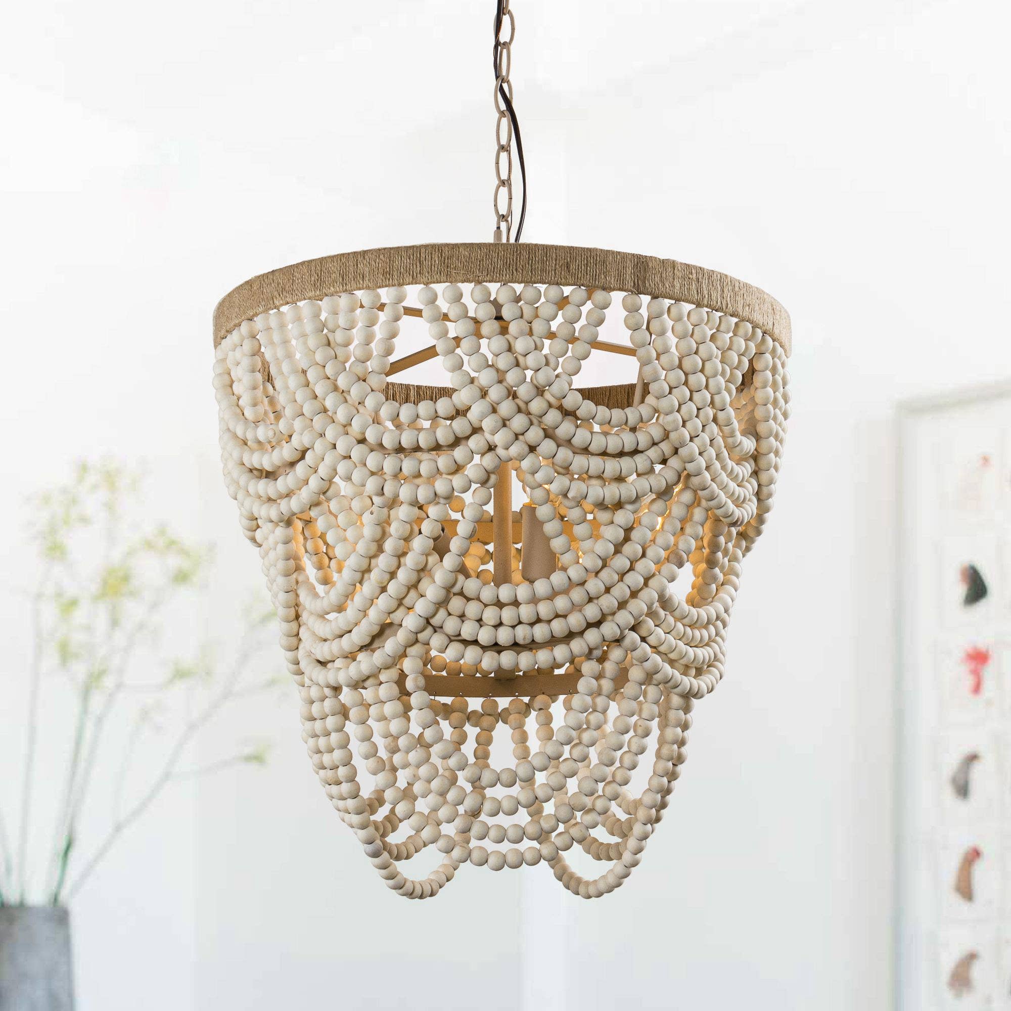 Off White Lusteria 20" Wood Bead 4-Light Tiered Coastal Chandelier for wholesale on Faire3