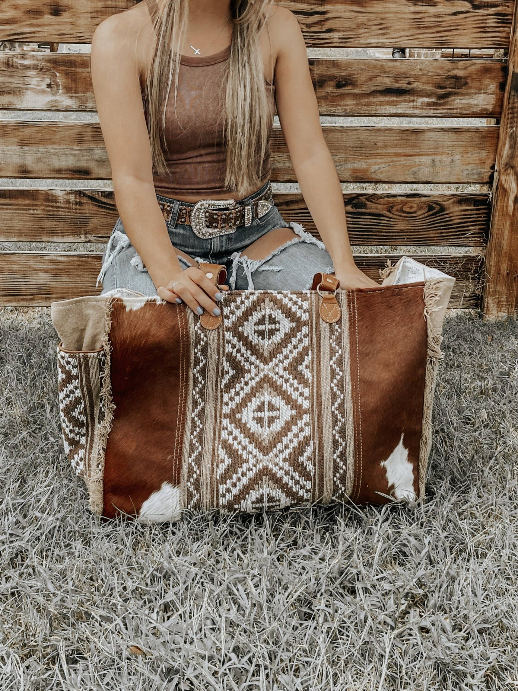 Vintage BOHO Handmade Myra Turquoise, Leather, & Cowhide Weekender hot Travel Bag