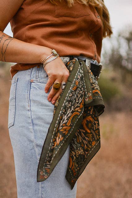 Tirzah Lane Art - Wholesale Scarf - Women's - Western Harvest in Deep Juniper Silk Cowgirl Wild Rag Scarf1