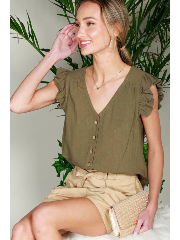 Vine & Love - Wholesale Blouse - Women's - V-Neck Sleeveless Ruffled Cotton Linen Top VT8168822