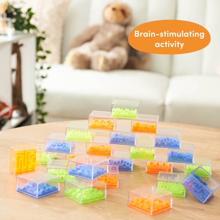 The Twiddlers - Wholesale Puzzle - Kids - 24 Mini Maze Puzzle Cubes, UV Reactive Games, Brain Teaser