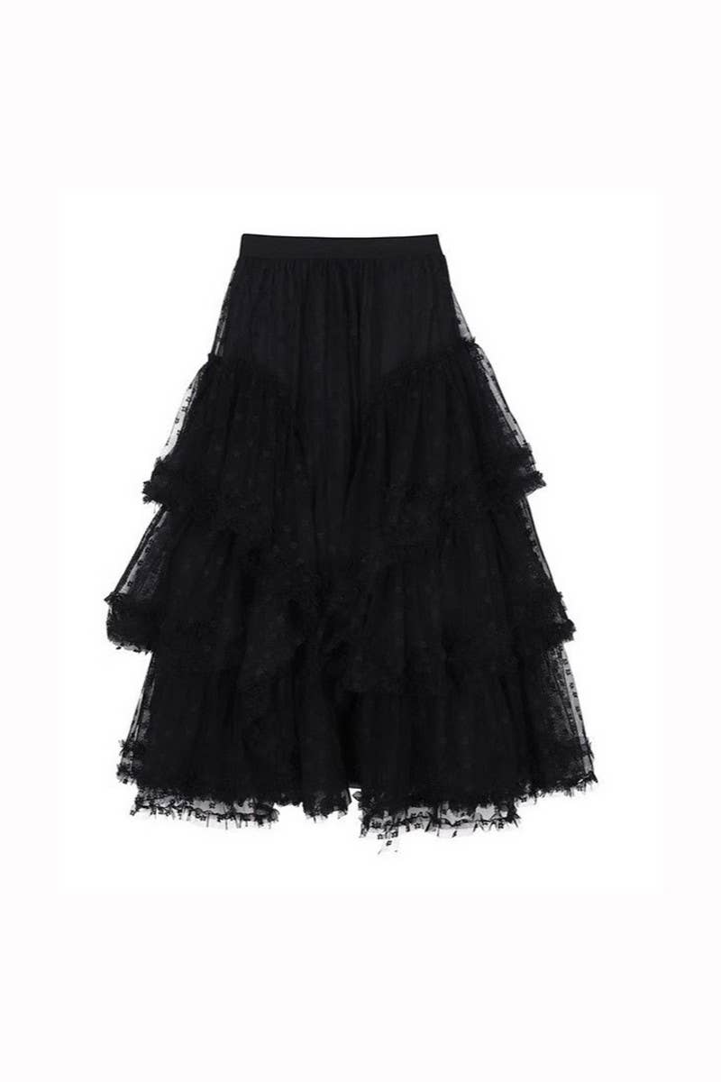 NINEXIS - Wholesale Skirt - Women's - CWBLS00714_2025 FLORAL MESH RUFFLE IRREGULAR MAXI SKIRT9
