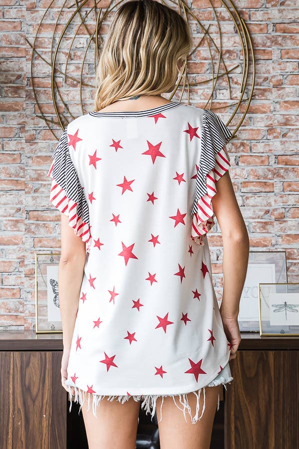 7th Ray - Venta al por mayor Túnica - Mujer - Top de manga corta con doble volante y acento de rayas de estrellas T52321