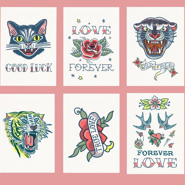 PRRINT! – Conjunto de postais por atacado – Conjunto de cartões postais de tatuagem da velha escola de amor e sorte