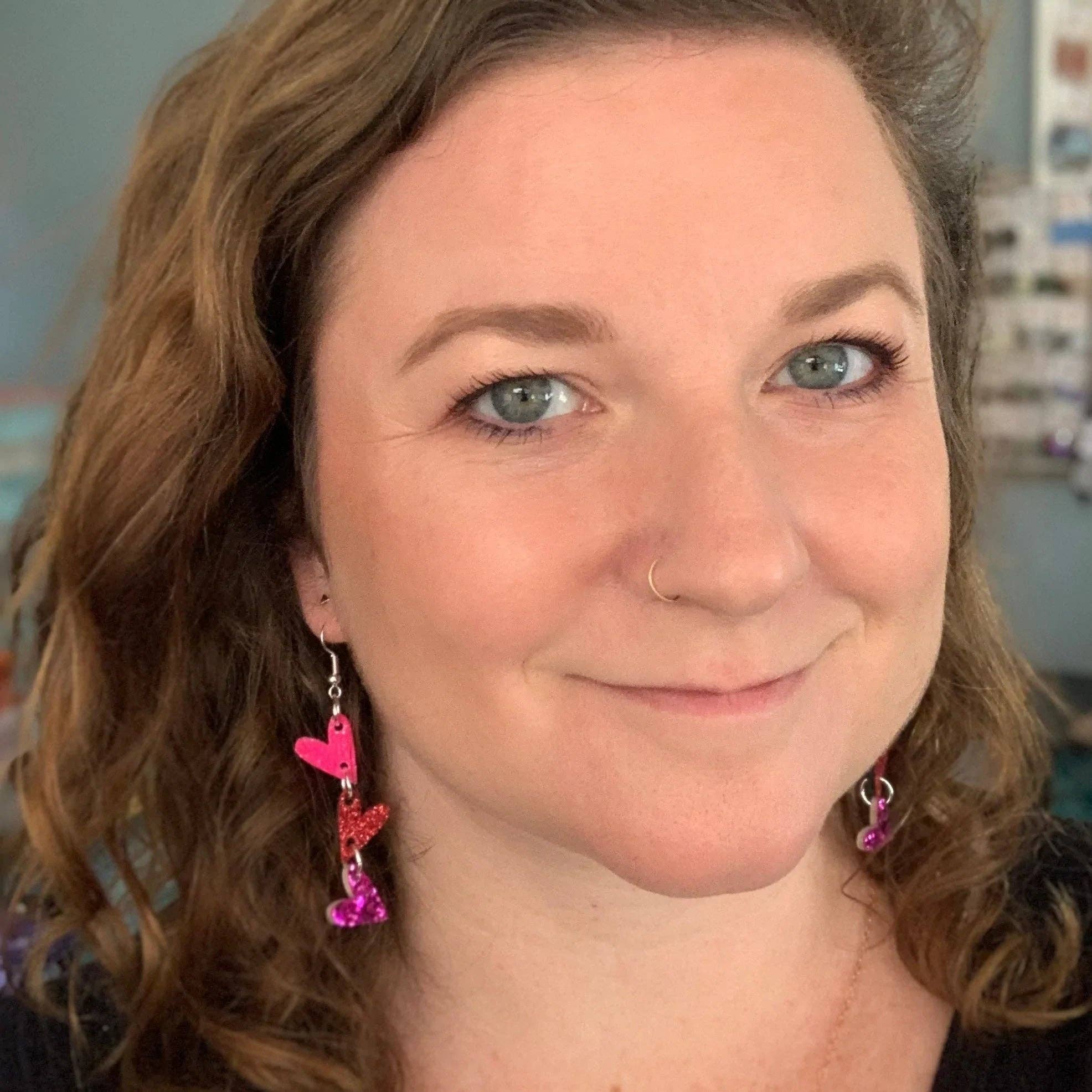 Brandy Bell Design - Wholesale Dangle Earrings - LINKED HEARTS -   Tiny Hearts Collection || Leather Earrings  ||   <BR> ROSE GOLD GLITTER ON THICK LEATHER2