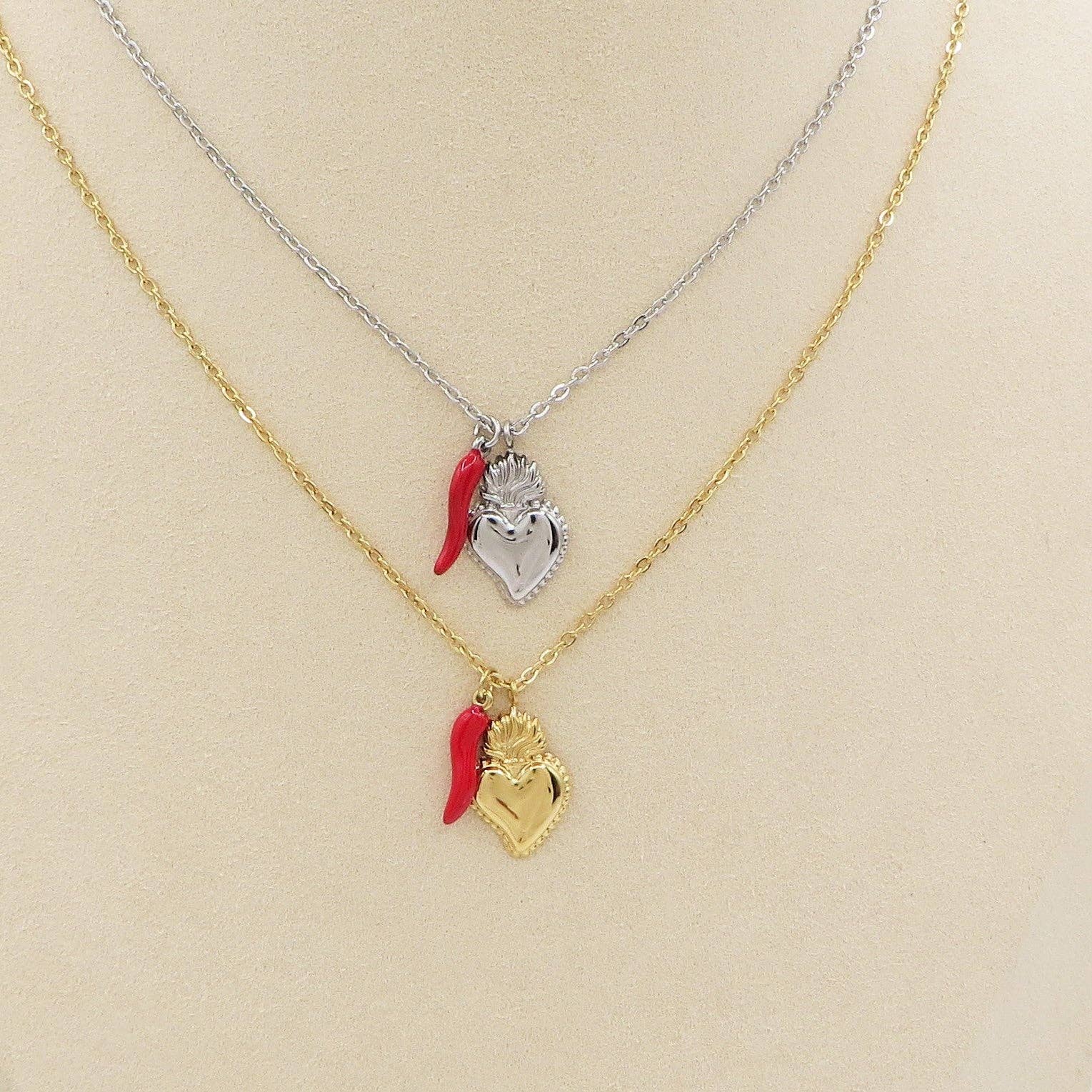 Daemon srls - Vente Colliers à pendentif - SACRED LUCKY ~ Collier avec charms cœur sacré et cornet en acier inoxydable3