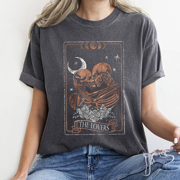 Refinery Number One LLC - Wholesale Screen printed t-shirt – Women′s - The Lovers Tarot, Moon & Skeletons Comfort T-shirt2