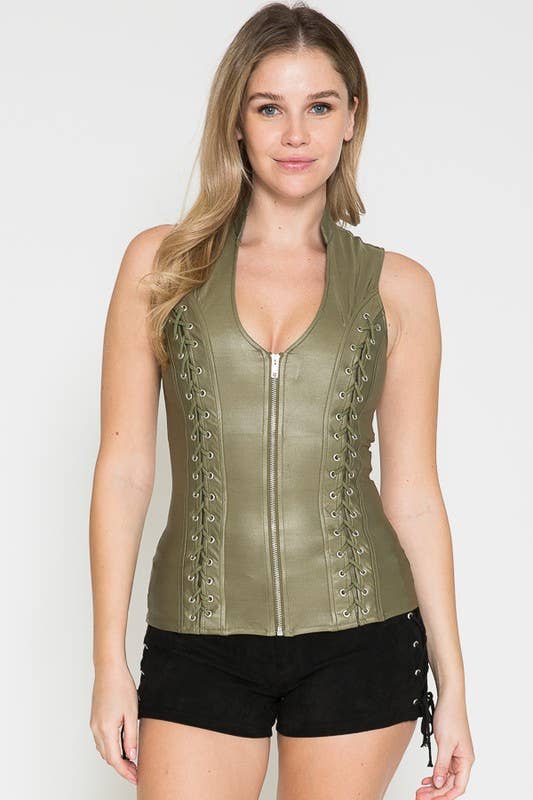 Lydia USA - Wholesale Blouse - Women's - Front Lace Up Back Cut Out  Pleather Plus Top9