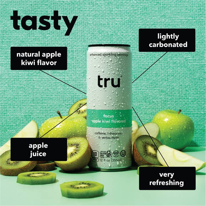 Tru - Wholesale Sparkling Water - Tru Focus Sparkling Drink, Apple Kiwi (Pack of 12)2