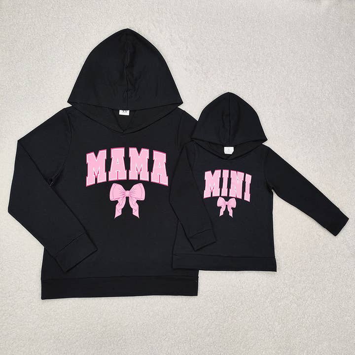 Aier Wholesale - Wholesale Mommy & me sets - Mommy and Me Baby Girls Mini Mama Bow Black Hooded Tops