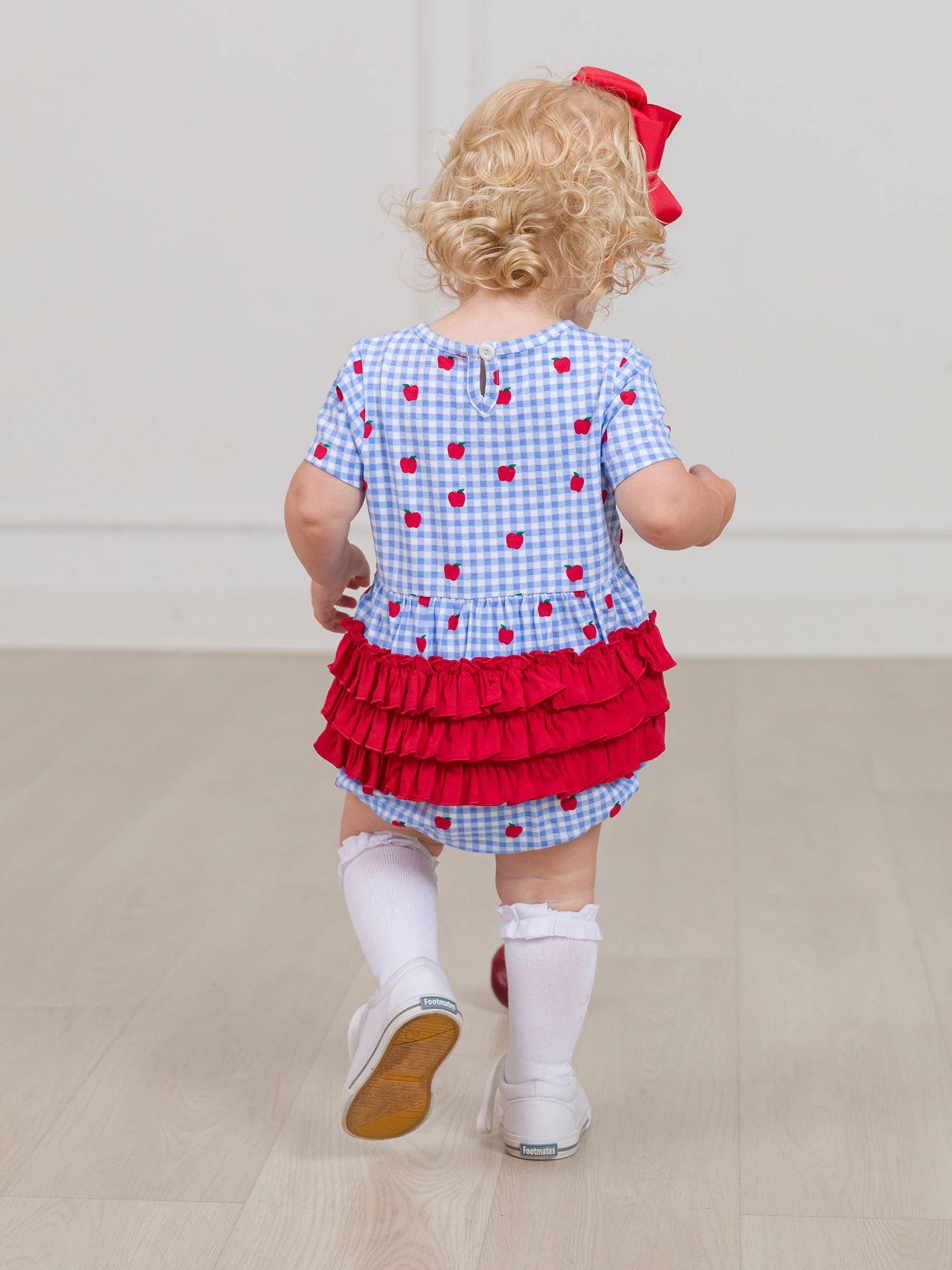 Blue Baby Girls Apple Orchard Gingham Knit Short Sleeve Bow Bubble Romper for wholesale on Faire4