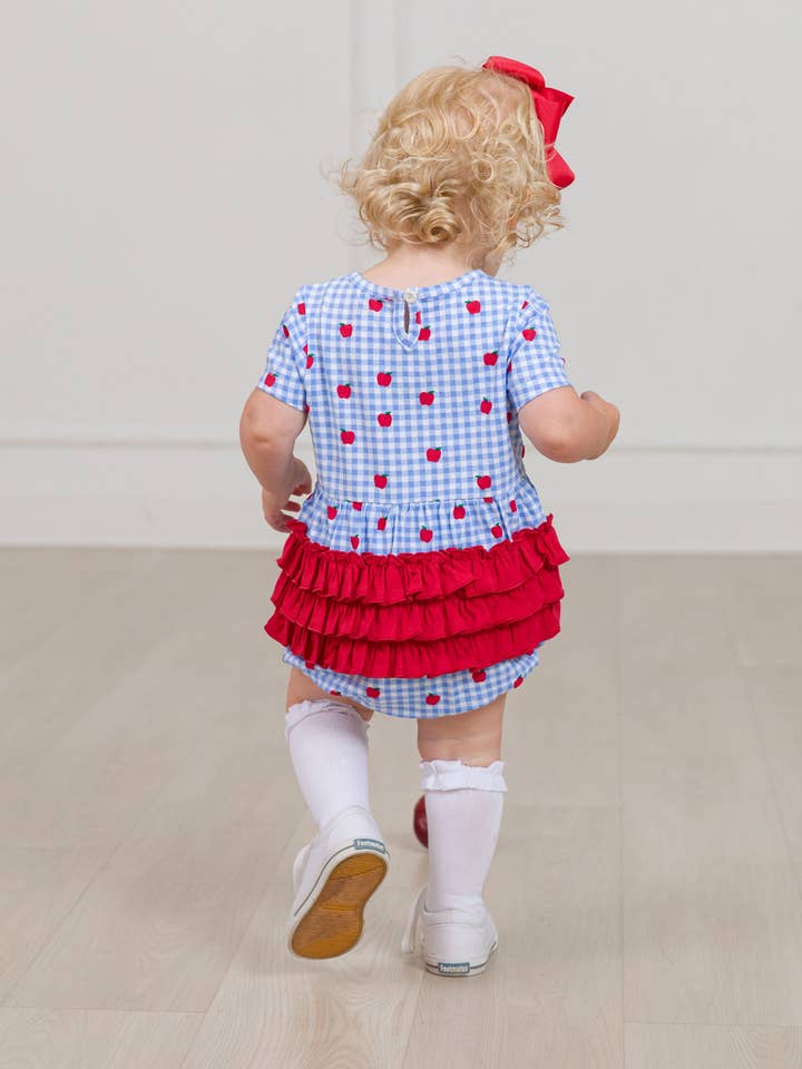 Blue Baby Girls Apple Orchard Gingham Knit Short Sleeve Bow Bubble Romper
for wholesale on Faire4