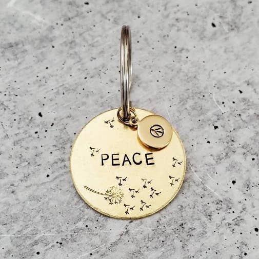PEACE DANDELION Brass Key Chain with peace sign accent for wholesale by Salt and Sparkle