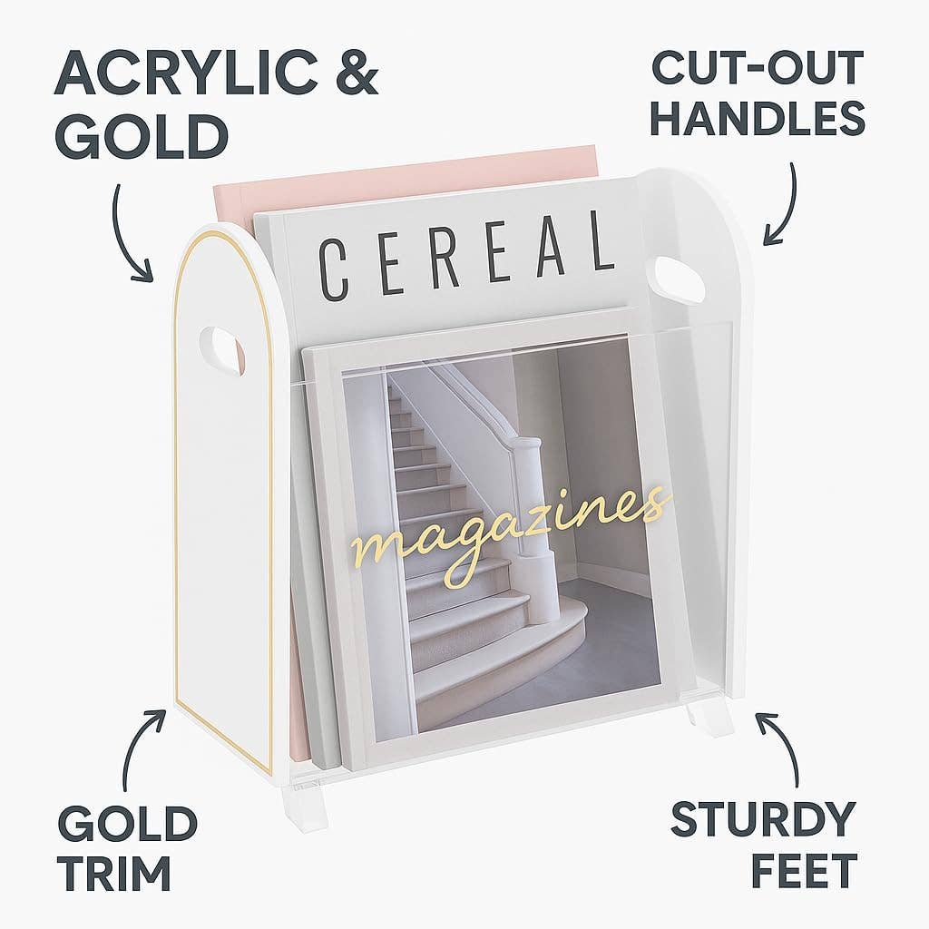 The Wine Savant /  Khen Glassware – wholesale Magazine rack – Acrylic Magazine Holder with Gold Trim, Clear 7