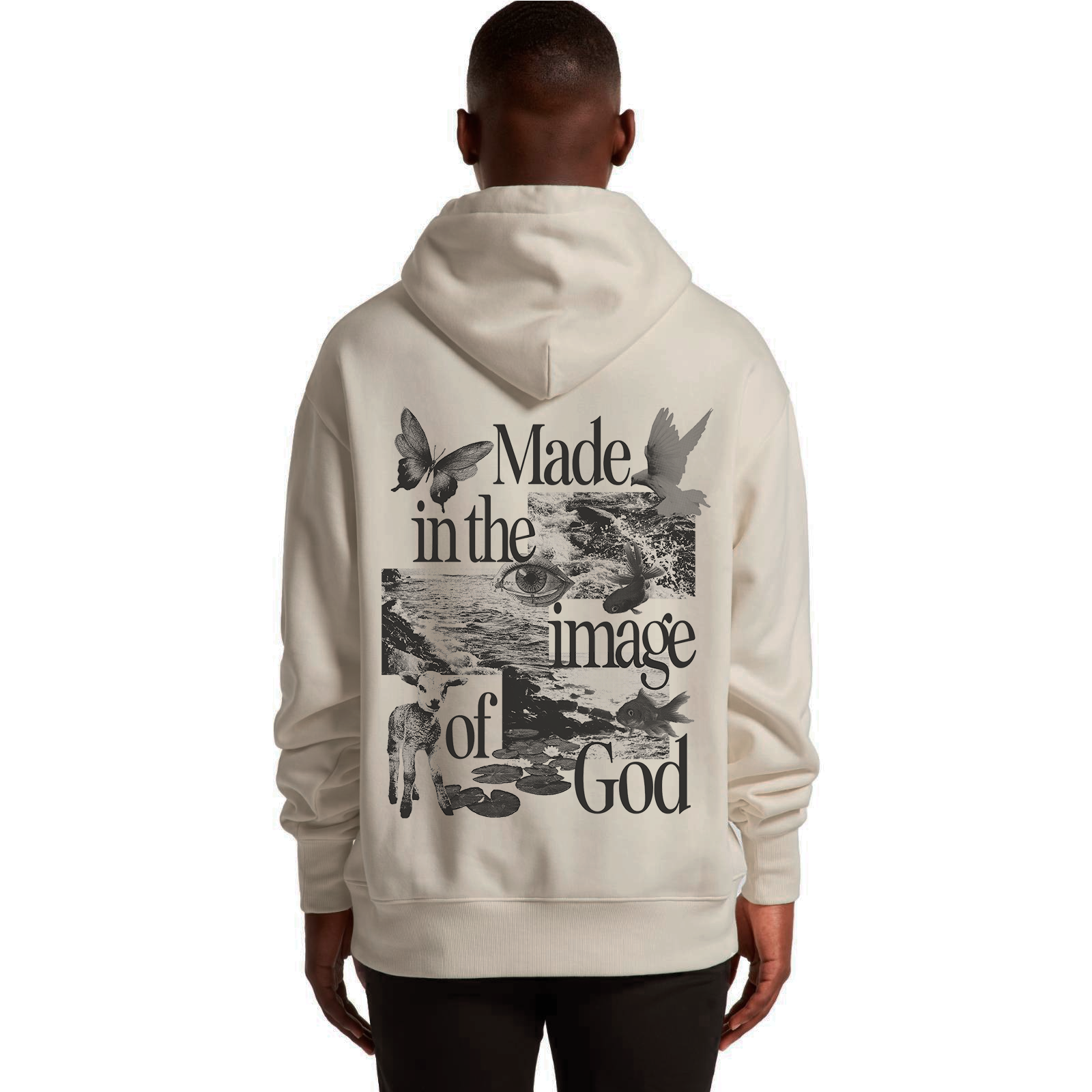 Bone Hoodie mit Collage "Im Bilde Gottes gemacht" für den Großhandel auf Faire4