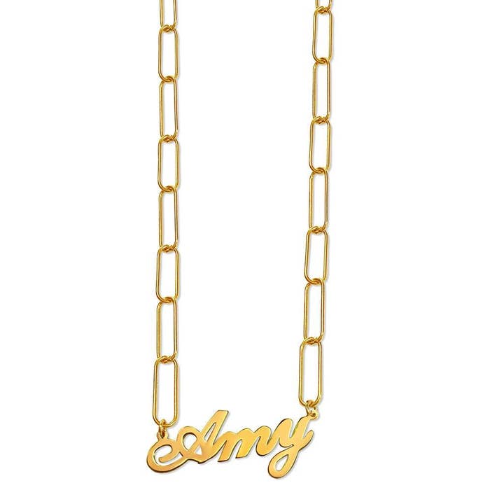 Solid Gold Name Necklace Rectangle Chain for wholesale by Anna Lou of London