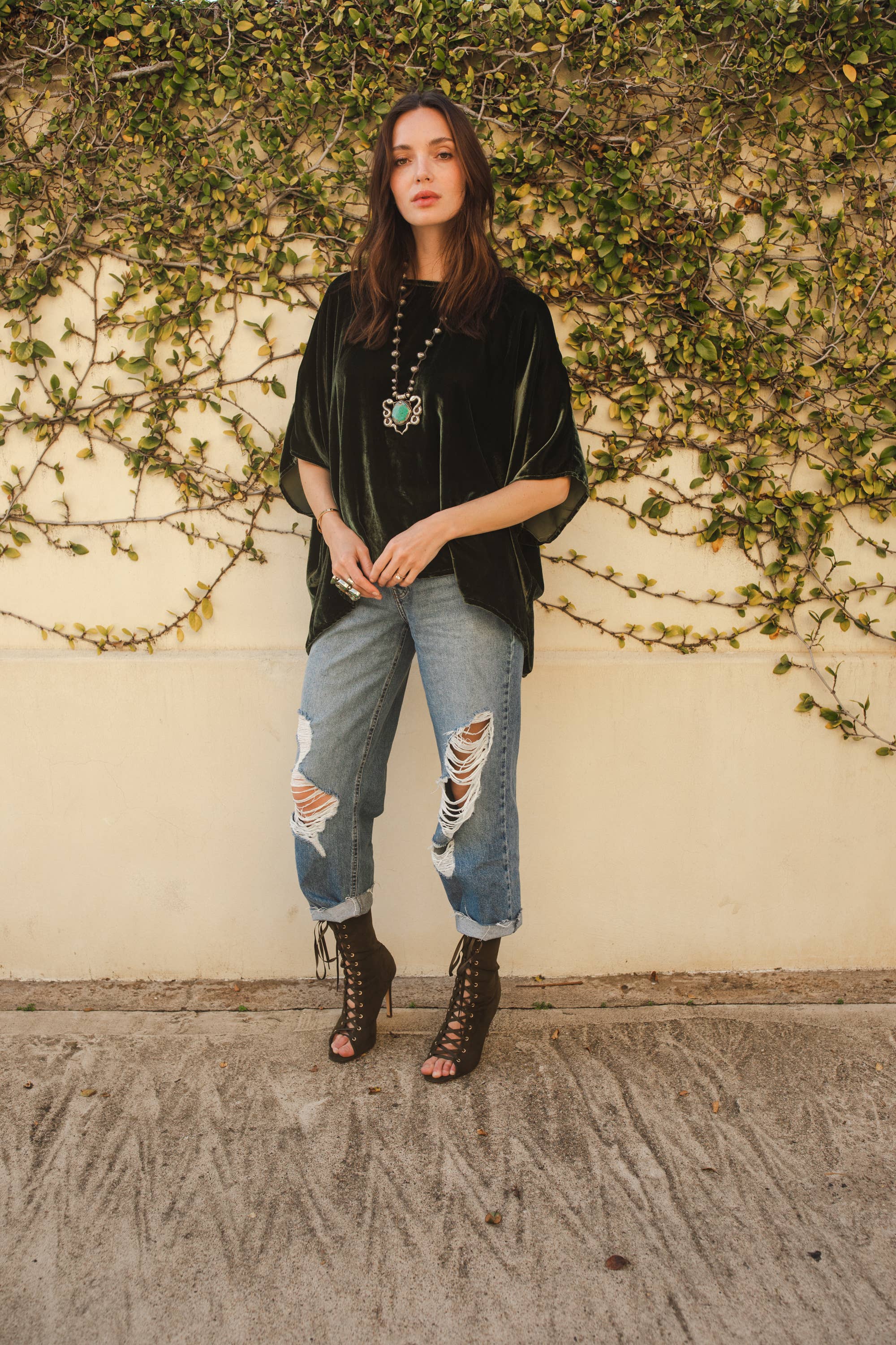 Jennafer Grace - Wholesale Blouse - Women's - Olive Silk Velvet Scarf Top