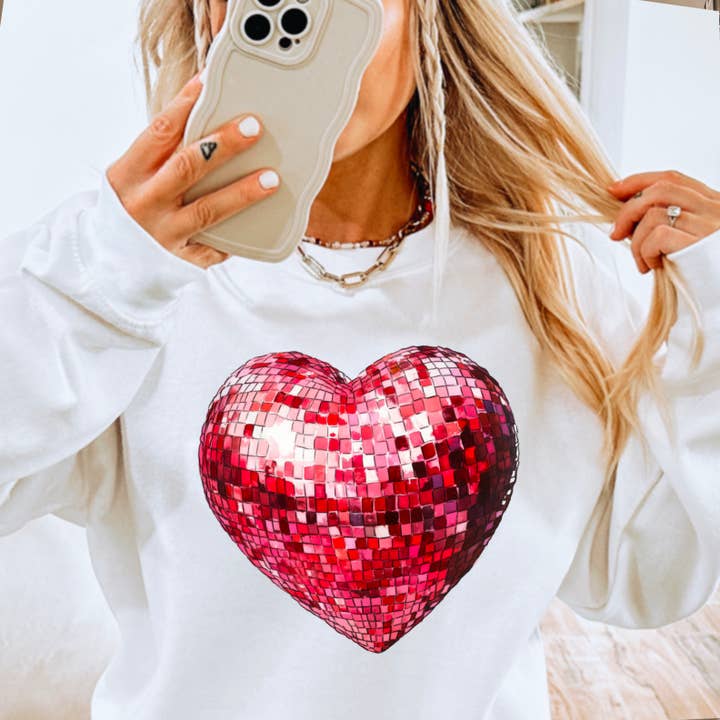 Shoppe SHC – Engroshandel Grafisk Sweatshirt - Dame – Hjerte Diskokugle Sweatshirt | Serigrafi Sweatshirt
