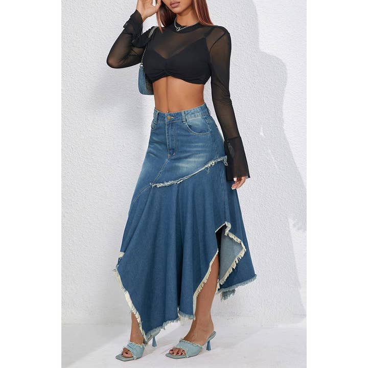 AZUL Falda de línea A de mezclilla asimétrica e irregular con costuras de venta al por mayor en Faire2