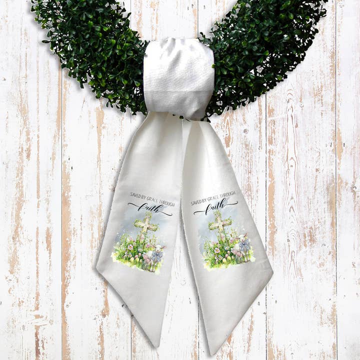 Saved by Grace Easter Lamb Cross Wreath Sash for wholesale by Avery Lane Gifts