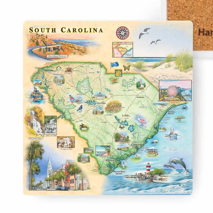 Dessous de verre en céramique avec carte illustrée de l'État de Caroline du Sud pour la vente par XPLORER MAPS
