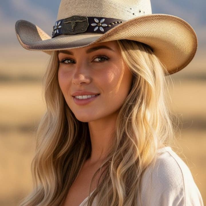 Chapeau de cowboy en paille usé avec boucle en métal en forme de taureau pour la vente par Rope & Spurs