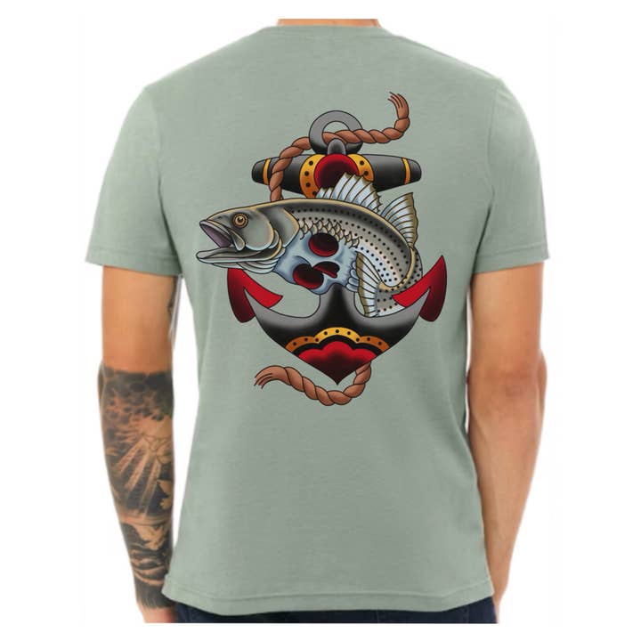 ‘TIL DEATH DO US FISH! Striper Unisex Tee for wholesale by On The Fly Artworks