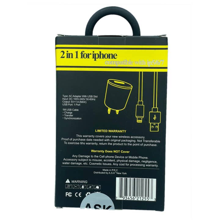 K & S WHOLESALE INC - Wholesale Charging cable - ASK 2 in 1 for Lightning USB Charging ASK-208 24-CT1