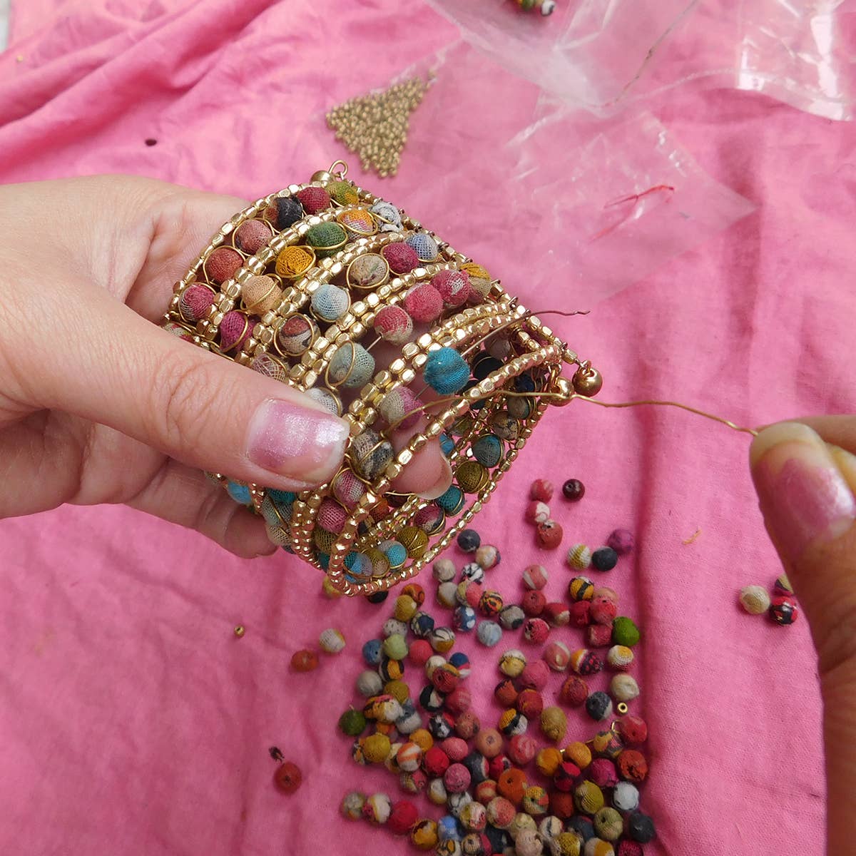 WorldFinds - Wholesale Cuff Bracelet - Kantha Beaded Grid Cuff2