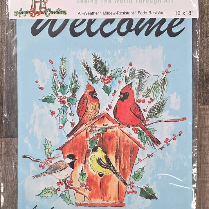 Winter Cardinals Garden Flag for wholesale by Angie Bryan Creations