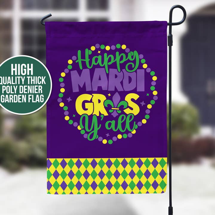 Mardi Gras Flagga | Glad Mardi Gras Y'all trädgårdsflagga | Mardi Gras Flaggor för wholesale av ZA Handmade Wholesale