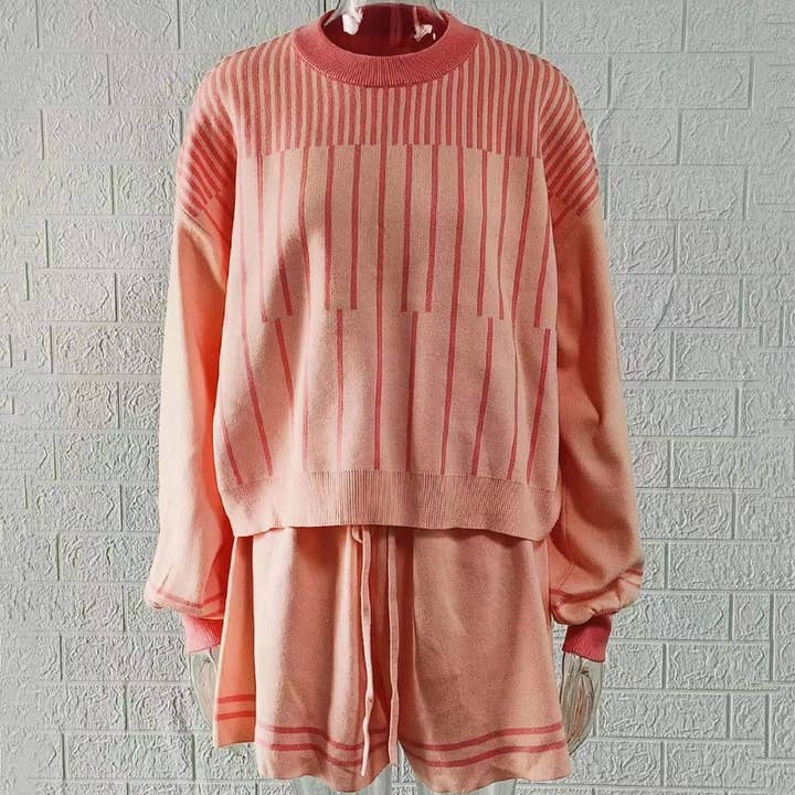Rosa Clothing - Wholesale Lounge Set - Women's - Color-Blocked Striped Knitted Top And Shorts Set