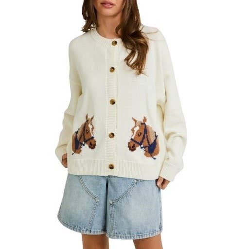 Horse Graphic Long Sleeve Round Neck Cardigan for wholesale by Blue Bunny Inc