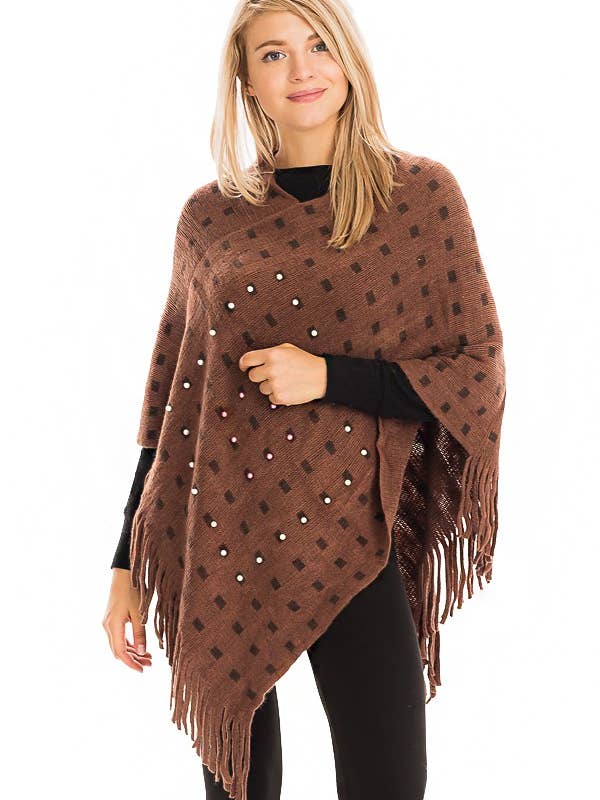 Poncho de punto con cuello en V y detalles de perlas para venta al por mayor de Cap Zone