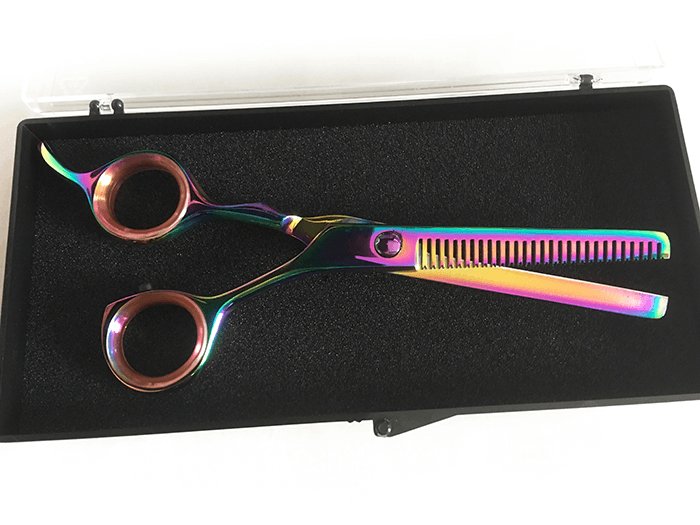HOLLYWOOD NAILS - Venta al por mayor Tijeras de peluquería - Set de tijeras profesionales para peluquería en color arcoíris, para cortar y adelgazar2