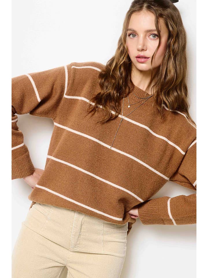 La Miel - Wholesale Knit Sweater - Women's - HCS3553-Loose Fit Stripe Long Sleeve Crewneck Sweater11