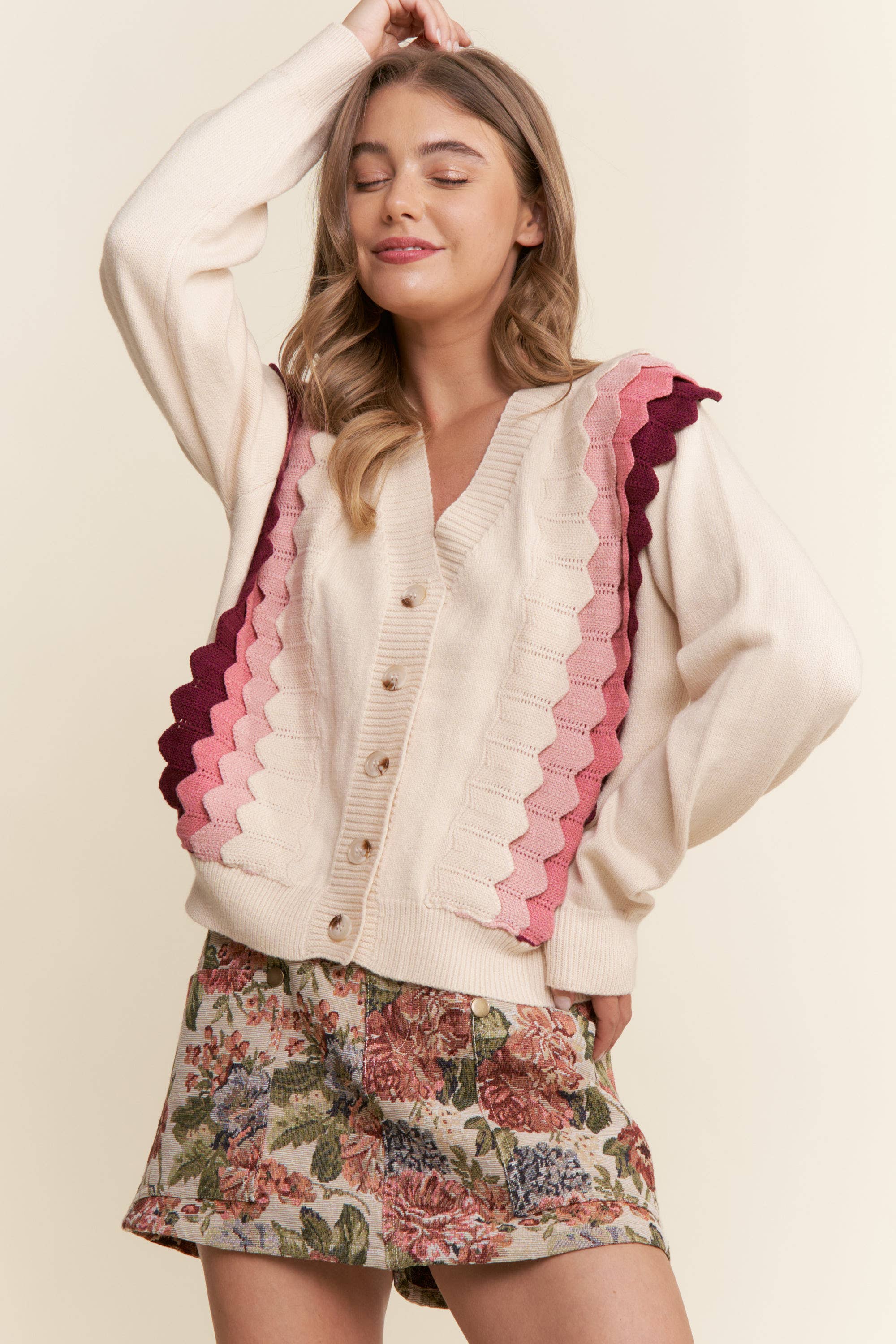 Lyserød Combo Multifarvet lagdelt cardigan med knapper for engroshandel på Faire6