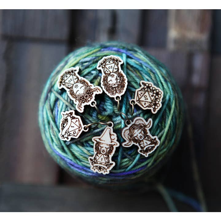 Sunrise Grove - Wholesale Knitting/Crochet Supplies - D20 Dice Stitch Markers Maple Set of 6 DND Classes