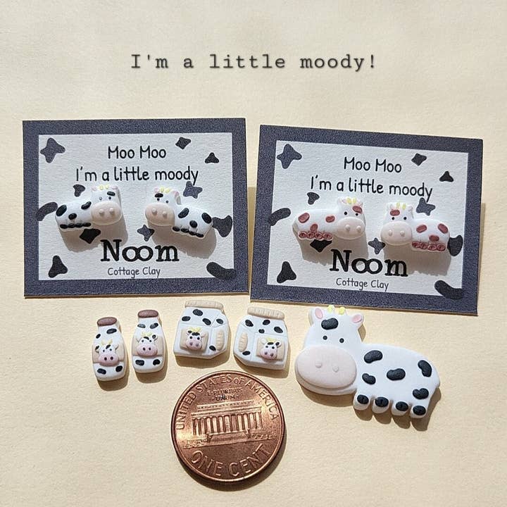 Cow Stud Earrings | Funny Cow Gifts | Farm Animal Jewelry for wholesale by NoomCottageClay