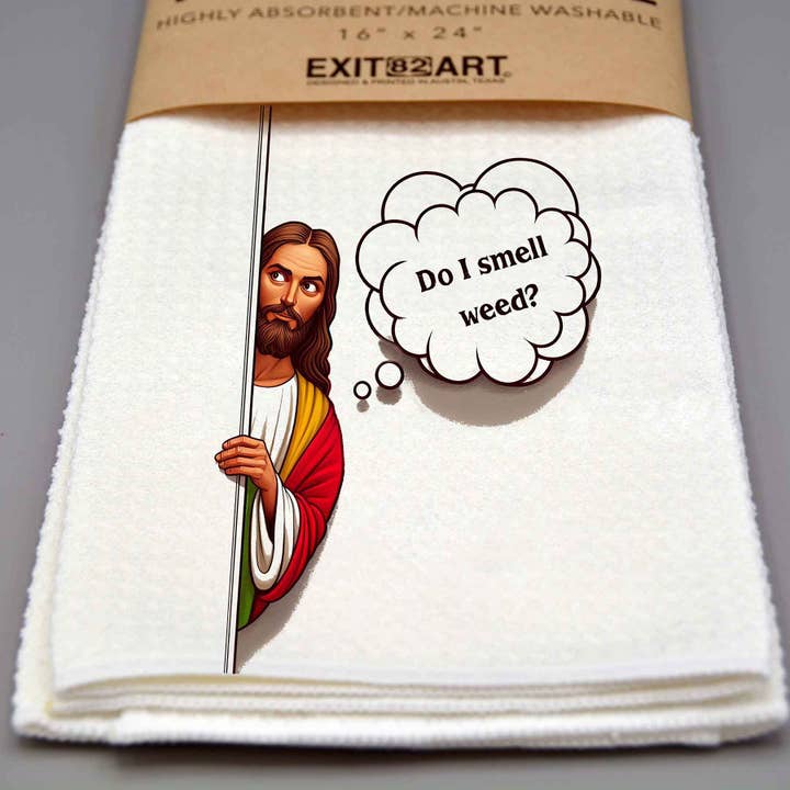 Jesus - Do I Smell Weed - Waffle Weave Kitchen Tea Towel for wholesale by EXIT82ART
