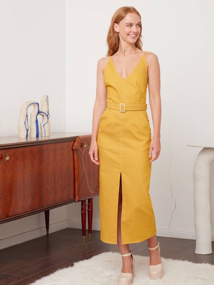 Alberta gele spijkerjurk met stijlvolle kokerrok voor wholesale door UNDRESS