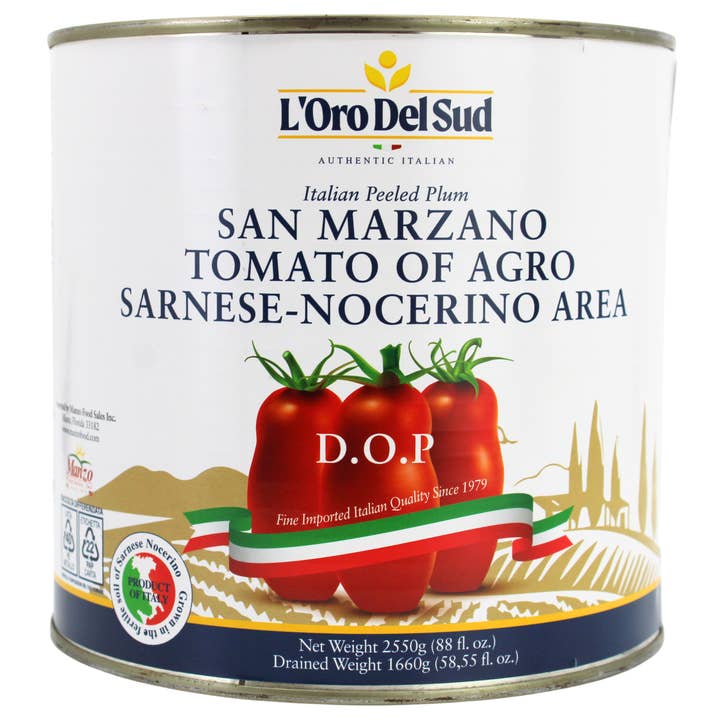 Wholesale Italian Food - Wholesale Canned Vegetables - L’Oro Del Sud, D.O.P San Marzano Tomatoes canned of Agro Sarnese-Nocerino Area, Net Wt. 2550g (88 fl. oz)