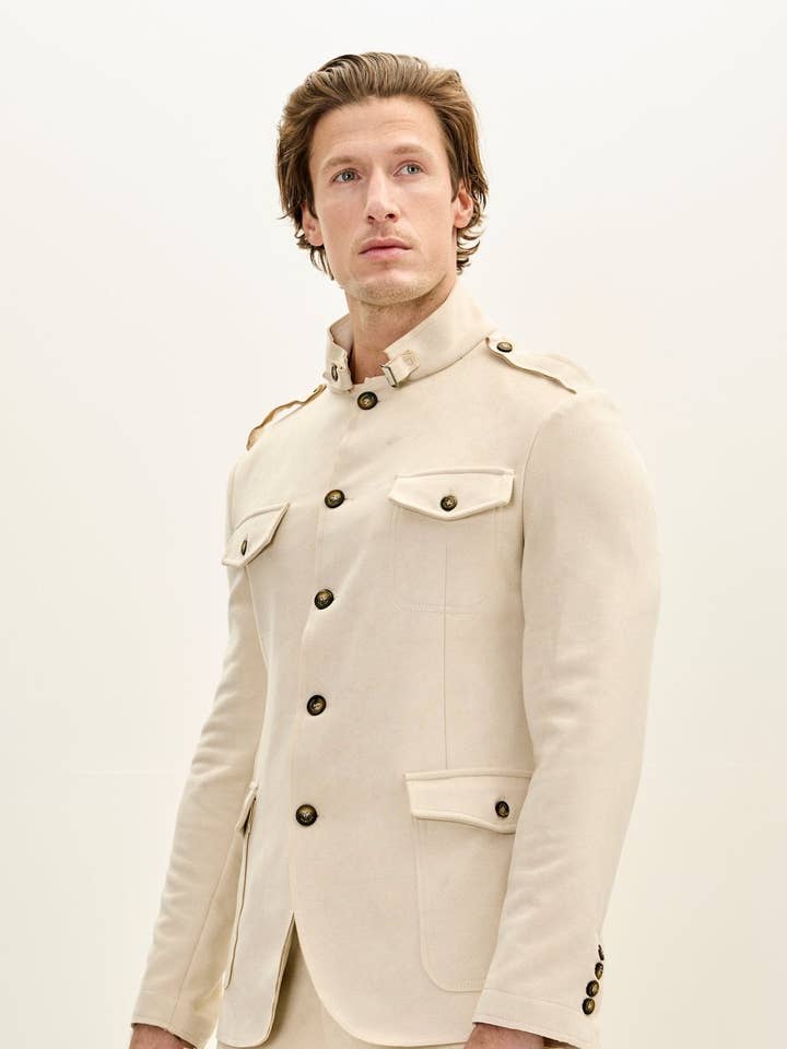 Men's Faux Suede Safari Jacket - Off White for wholesale by Ron Tomson