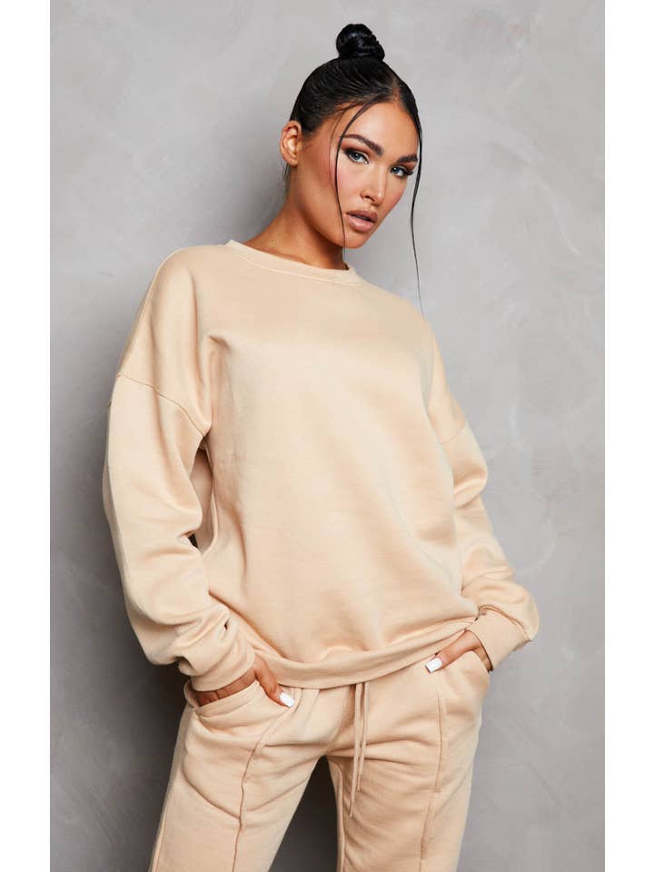 Femme Luxe – wholesale Lounge set – Women's – Nude Oversized Sweatshirt & Front Seam Joggers Loungewear Set - Seville