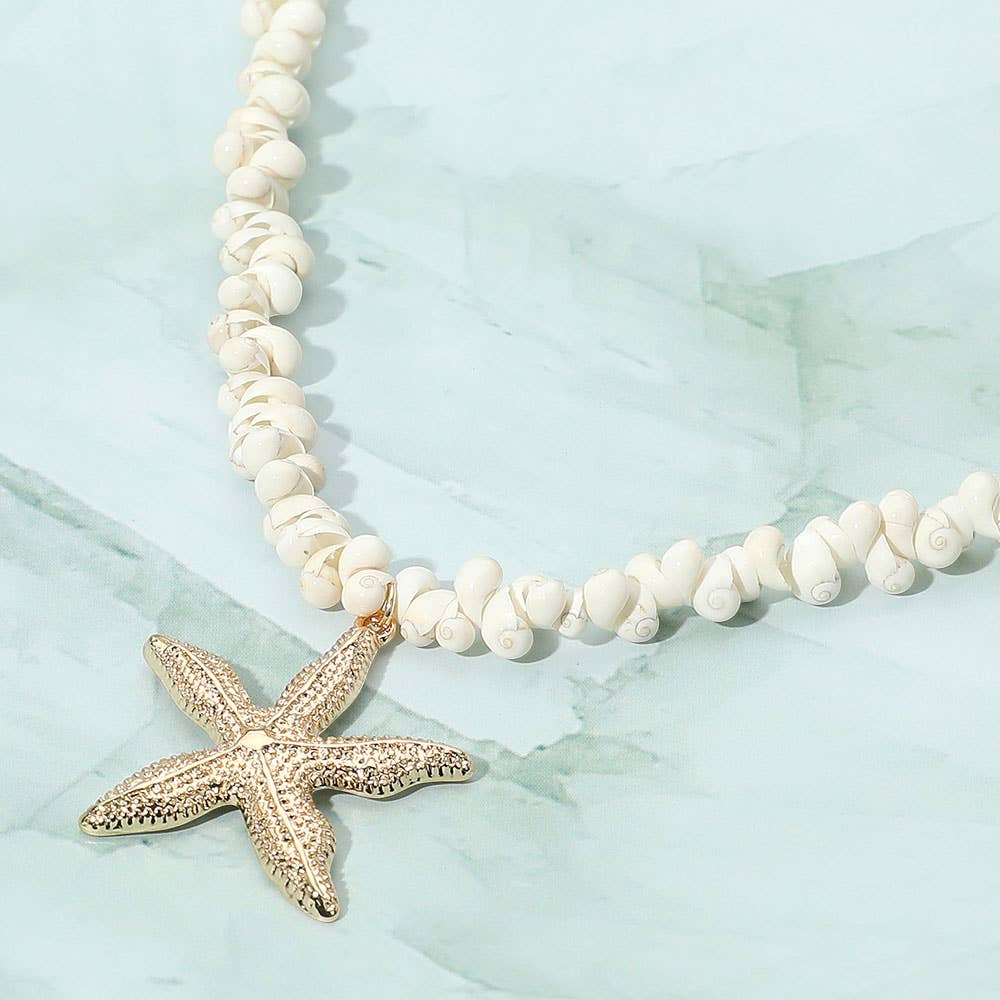 Sensibling Corp. - Wholesale Pendant/Charm Necklace - Gold Starfish Pendant White Shell Bead Necklace0