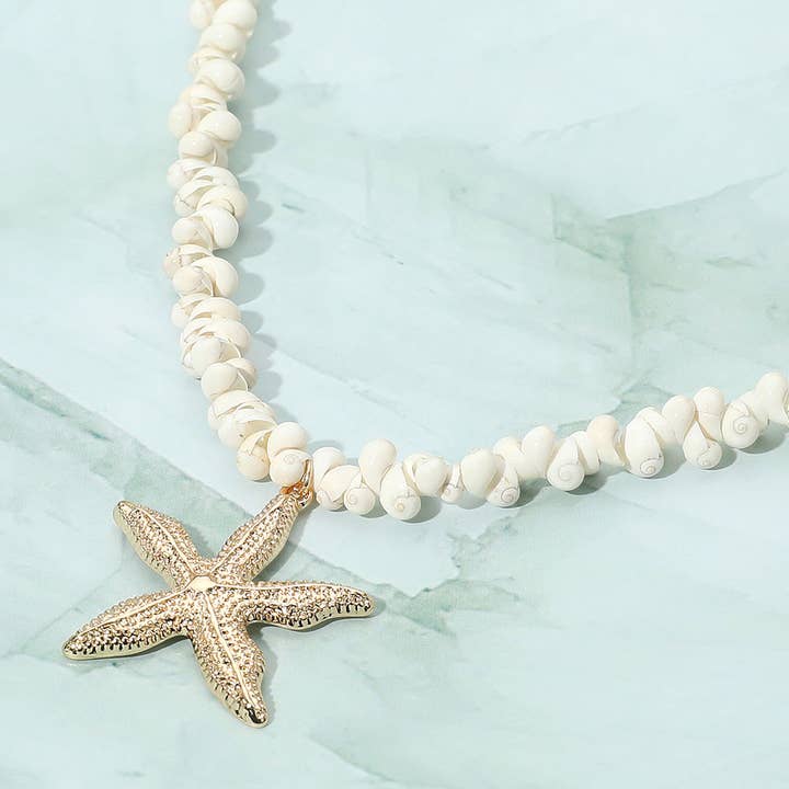 Sensibling Corp. - Wholesale Pendant/Charm Necklace - Gold Starfish Pendant White Shell Bead Necklace
